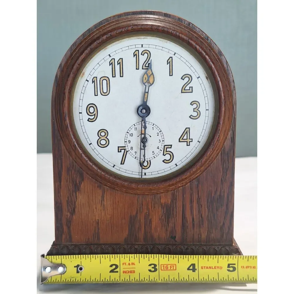 Antique Oak Mechanical Alarm Mantel Clock German Movement Arched Case- WORKING!